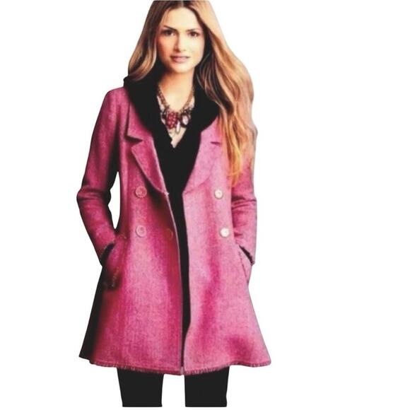 CAbi Madison Avenue Pink Tweed Wool Double Breasted pea coat fringe Size 16 - Picture 1 of 13